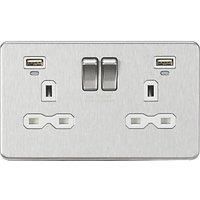 KnightsBridge 13A 2G Switched Sockets, Dual USB (2.4A) with LED Charge Indicators - Brushed Chrome - White Insert
