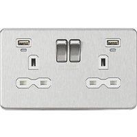 KnightsBridge 13A 2G Switched Sockets, Dual USB (2.4A) with LED Charge Indicators - Brushed Chrome - White Insert