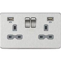 KnightsBridge 13A 2G Switched Socket, Dual USB (2.4A) with LED Charge Indicators - Brushed Chrome w/grey insert