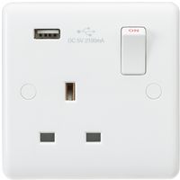 KnightsBridge Curved Edge 13A 1G Switched Socket with USB Charger (5V DC 2.1A)