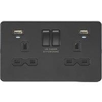 KnightsBridge 13A 2G Switched Socket, Dual USB (2.4A) with LED Charge Indicators - Matt Black