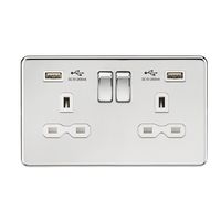KnightsBridge 13A 2G Screwless switched socket with dual USB charger A + A (2.4A) - Polished chrome with white insert