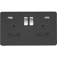 KnightsBridge 13A 2G switched socket with dual USB charger A + A (2.4A) - Matt black with chrome rockers Rockers