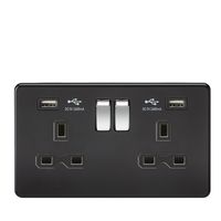 KnightsBridge 13A 2G switched socket with dual USB charger A + A (2.4A) - Matt black with chrome rockers Rockers