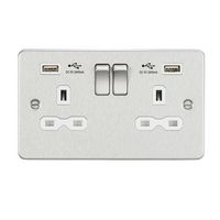 KnightsBridge 13A 2G switched socket with dual USB charger A + A (2.4A) - Brushed chrome with white insert