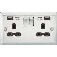 KnightsBridge 13A 2G Switched Socket Dual USB Charger (2.4A) with Black Insert - Bevelled Edge Polished Chrome