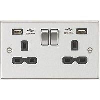 13A 2G Switched Socket Dual USB Charger (2.4A) with Black Insert - Square Edge Brushed Chrome