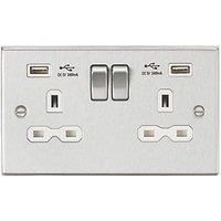 Knightsbridge CS9224BCW Switched Socket, 2.4 A Dual USB Charger with White Insert, Square Edge Brushed Chrome, 13 A, 2G