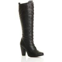 Womens ladies lace up calf knee high heel combat military victorian boots size