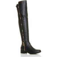 WOMENS LADIES FLAT LOW HEEL ZIP CHAIN STRETCH HIGH OVER THE KNEE BOOTS SIZE