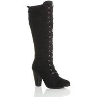 Ajvani Womens Ladies high Chunky Heel lace up Calf Knee Military Biker Boots , Black Suede, 5 UK
