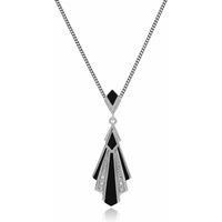 Art Deco Style Black Onyx & Marcasite Fan Pendant Necklace in Sterling Silver