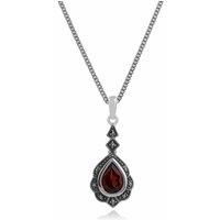 Art Nouveau Style Pear Garnet & Marcasite Leaf Pendant in 925 Sterling Silver