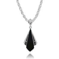 Art Deco Style Black Onyx & Marcasite Fan Drop Pendant in 925 Sterling Silver