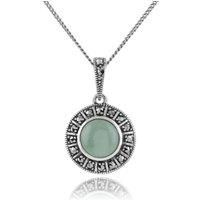 Art Deco Style Round Green Jade Cabochon & Marcasite Necklace Sterling Silver