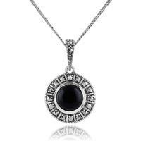 Art Deco Style Round Black Onyx Cabochon & Marcasite Necklace in Sterling Silver