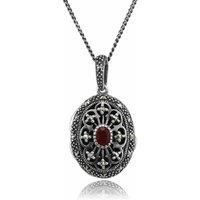 Art Nouveau Style Oval Cornelian & Marcasite Locket Necklace Sterling Silver