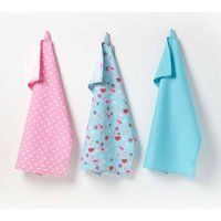 HOMESCAPES - Pure Cotton Tea Towels Set of Three - Birds and Flowers - Pink Blue - 50 x 70 cm - Fully Coordinated Washable Kitchen Linen