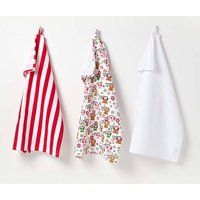 HOMESCAPES - Pure Cotton Tea Towels Set of Three - Owls - Red Blue - 50 x 70 cm - Fully Coordinated Washable Kitchen Linen