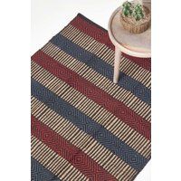 Geometric Jute Rug, Multicolour Striped, Black, Red, Blue