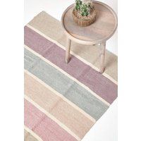 HOMESCAPES - 100% Cotton Chenille Stripe Rug - Blue Beige Purple Heather Grey Natural Stripes - 90 x 150 cm - 3 x 5 Ft - Washable at Home