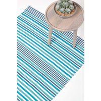 HOMESCAPES Extra Large Modern Striped Cotton Rug, Blue, 150cm x 240cm (XL), Contemporary Scandinavian Living Room & Bedroom Mats