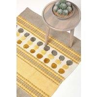 HOMESCAPES Grey Ochre Yellow Modern Cotton Chenille Rug 60 x 100cm Tufted Circles & Hand Woven Striped Mat