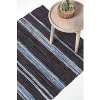 Contemporary Style Striped Rug Texas Navy Blue & Light Blue Denim & Leather Rug