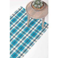 Homescapes Irvine Handwoven Blue Tartan 100% Cotton Rug, 66 x 200 cm | Size: 66cm x 200cm