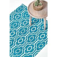 HOMESCAPES Geometric Printed Rug /'Riga/' 100% Cotton Teal & White Rug, 90 x 150 cm