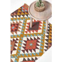 HOMESCAPES Geometric Style Printed Rug /'Oslo/' Orange, Yellow, Brown & Cream 100% Cotton Rug, 90 x 150 cm