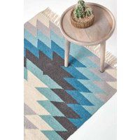 Handmade Cotton & Wool Kilim Rugs Runner Multi Coloured Geometric Diamond Carpet