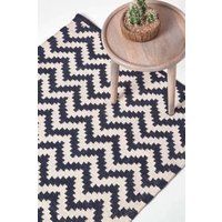 HOMESCAPES Casablanca Dark Blue & White Handwoven Kilim Rug for Living Room Zig Zag Pattern Wool Rug with Fringe, 160 x 230 cm