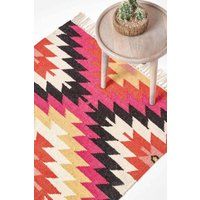 Handmade Cotton & Wool Kilim Rugs Runner Multi Coloured Geometric Diamond Carpet