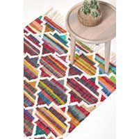 Handmade Cotton & Wool Kilim Rugs Runner Multi Coloured Geometric Diamond Carpet