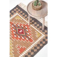 Handmade Cotton & Wool Kilim Rugs Runner Multi Coloured Geometric Diamond Carpet