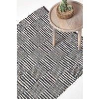 Real Leather Black & White Striped Block Check Handwoven Eco Friendly Floor Rug
