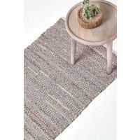 Real Leather Handwoven Black Grey Brown Hall Runner Textured Pattern 66 x 200 cm