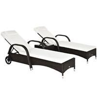 Outsunny 3 PCS Rattan Lounger Recliner Bed Garden Furniture Set w/ Side Table