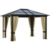 Outsunny 3.6 x 3(m) Hardtop Gazebo Canopy with Polycarbonate Roof and Aluminium Frame, Garden Pavilion with Mosquito Netting and Curtains, Brown