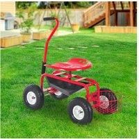 Rolling Garden Cart Planting W/ Tool Tray Basket Swivel Work Seat Heavy Duty Red