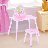 HOOMCOM Girls Kids Pink Dressing Table Make Up Play Set Desk Chair Mirror Wooden
