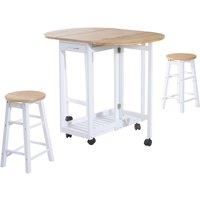 3pc Wooden Kitchen Cart Mobile Rolling Trolley Folding Stools Wheels