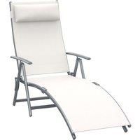Outsunny Sun Lounger Steel Frame Outdoor Folding Chaise Texteline Lounge Chair Recliner with Headrest & 7 Levels Adjustable Backrest, Cream White