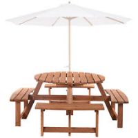 Outsunny 8 Seat Garden Outdoor Wooden Round Picnic Table Bench w/ Parasol Hold