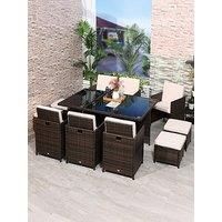 11 Pieces Rattan Dining Set Cushion Footrest Garden Wicker w/Parasol Hole