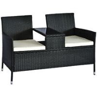 Outsunny Outdoor Garden Rattan 2 Seater Chair Bench with Middle Table, Black