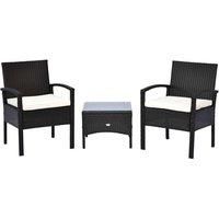 Outsunny 3 Pieces Outdoor Rattan Bistro Set, Patio Wicker Balcony Furniture, Conservatory Sofa Sets w/ Coffee Table and Cushioned Chair, Brown