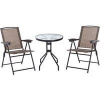 Outsunny 3 Piece Patio Furniture Bistro Set 2 Folding Texteline Chairs 1 Tempered Glass Table Adjustable Backrest - Brown