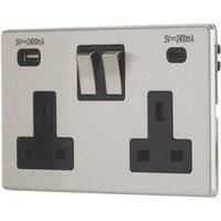 Contactum Lyric 13A 2-Gang DP Switched Socket + 4.8A 24W 2-Outlet Type A & C USB Charger Brushed Stainless Steel with Black Inserts (821RP)